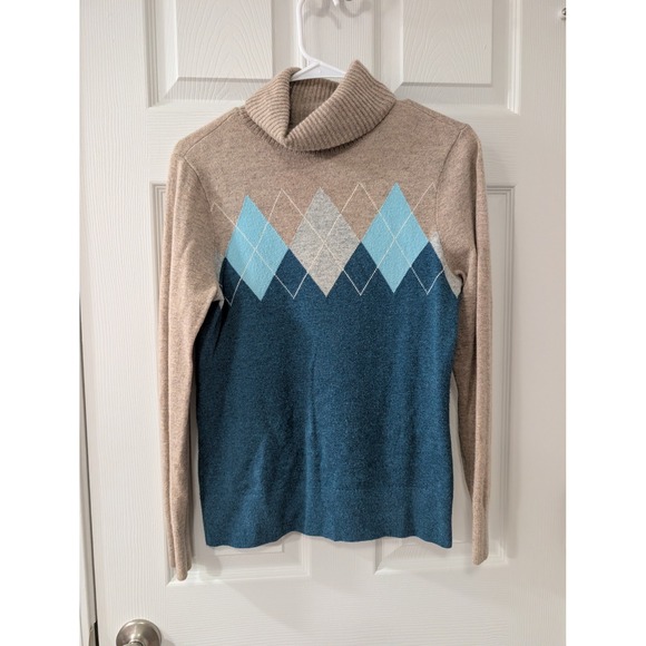 Lands' End Sweaters - Lands' End Women's S, 100% Cashmere Turtleneck Sweater, Argyle, Tan/Blue